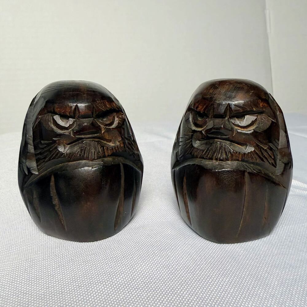 VTG Japanese Ittobori Hand Carved Wood Daruma Pair Bodhidharma Folk Art